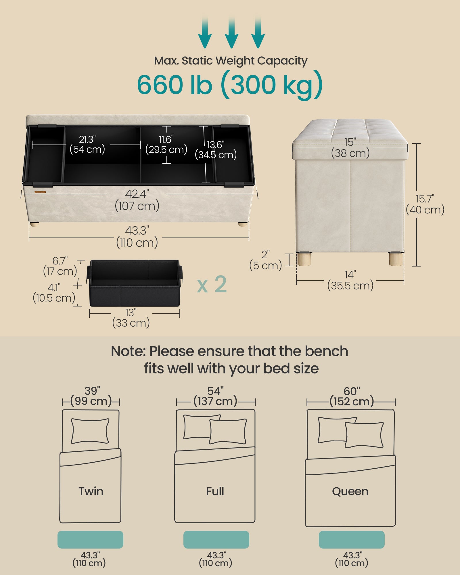 Pufa ze schowkiem, cappuccino beige, 110 cm