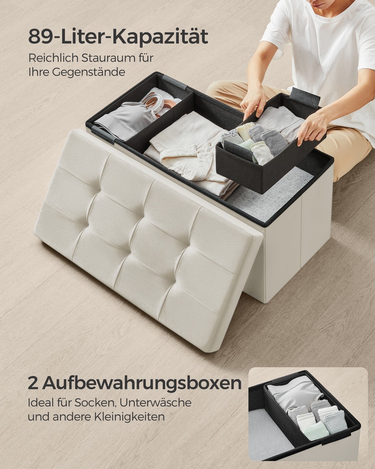 Ławka z schowkiem z aksamitu 38×76×38 cm kremowa