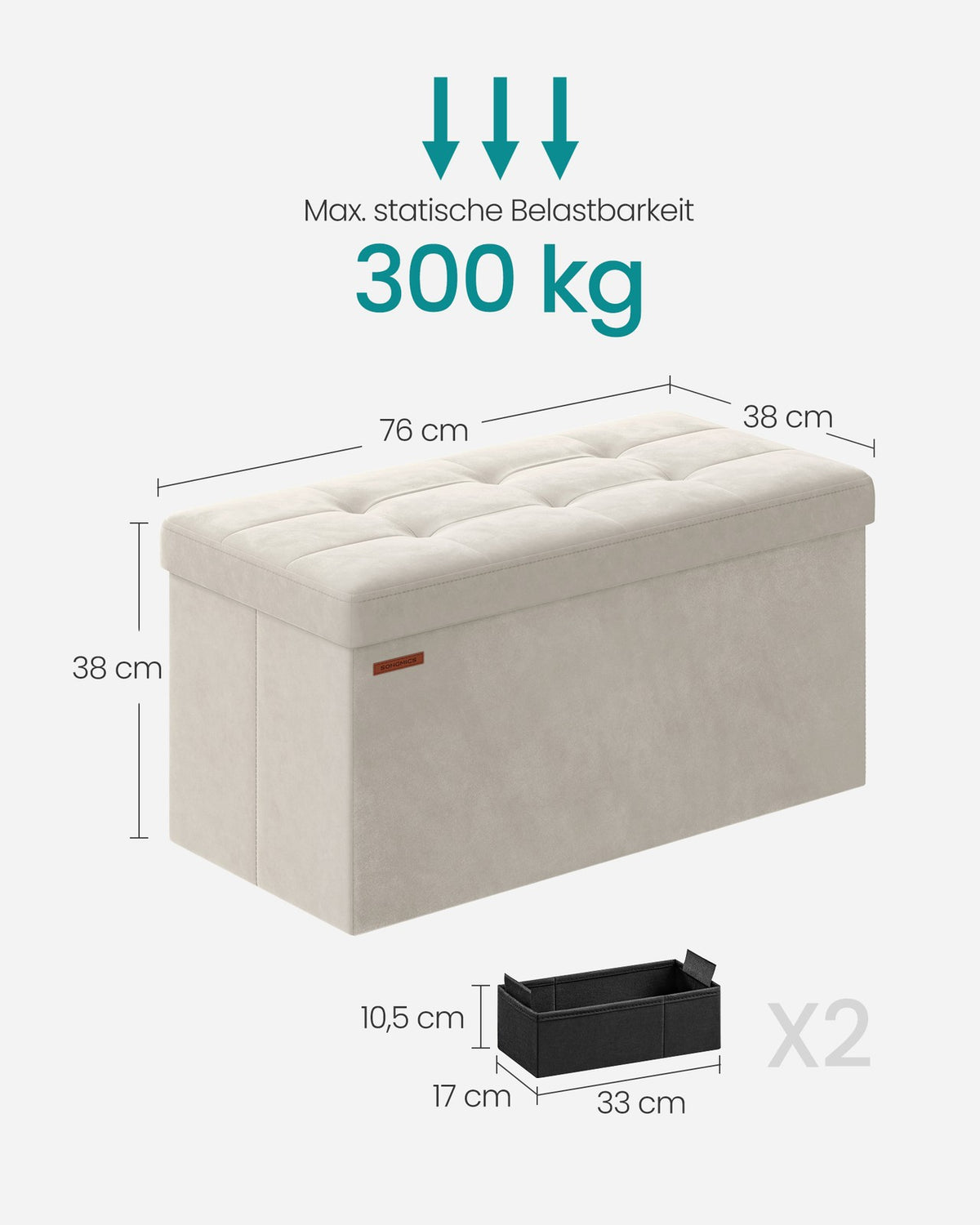 Ławka z schowkiem z aksamitu 38×76×38 cm kremowa