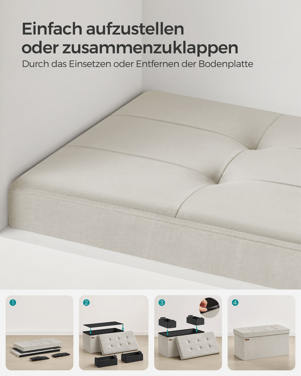 Ławka z schowkiem z aksamitu 38×76×38 cm kremowa