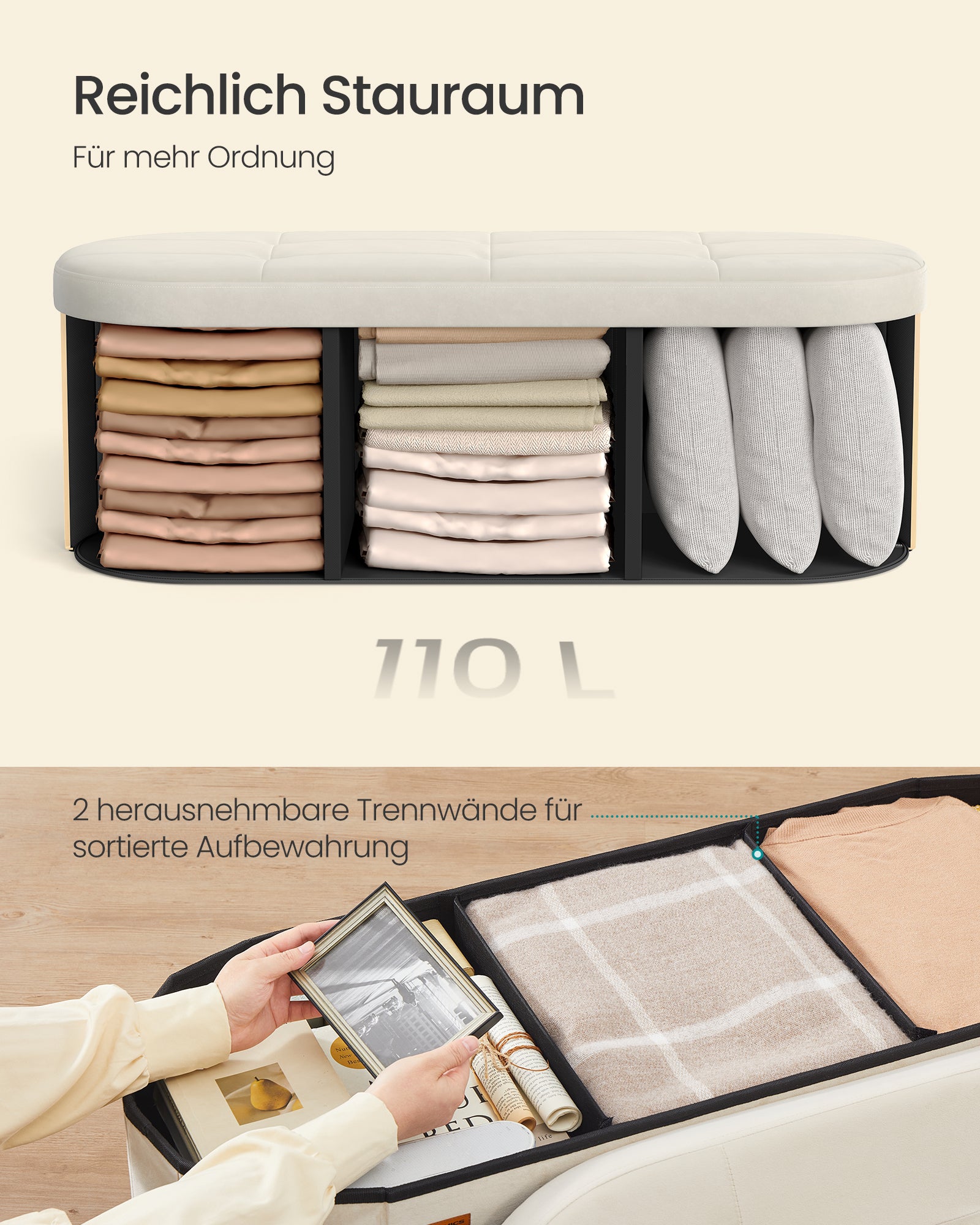 Pufa ze schowkiem, cappuccino beige, 110 cm