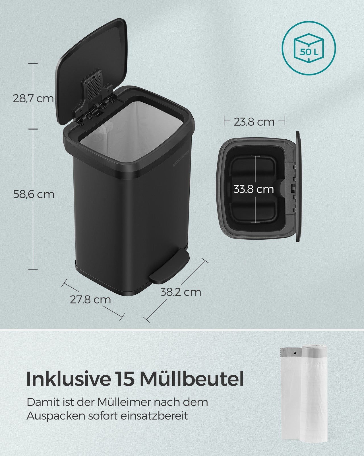 Metalowy kosz na śmieci kuchenny 50 l czarny