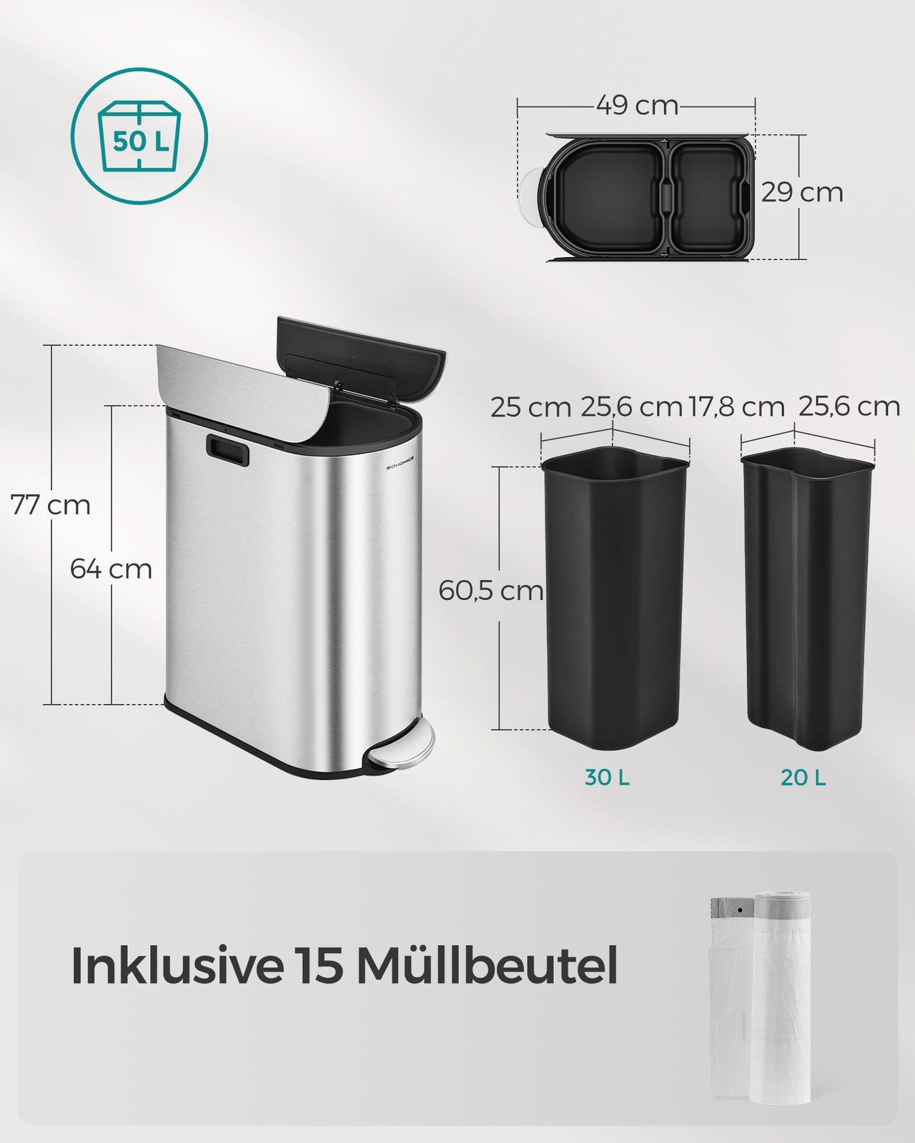 Metaliczny kosz na śmieci z 2 przegródkami 50 l