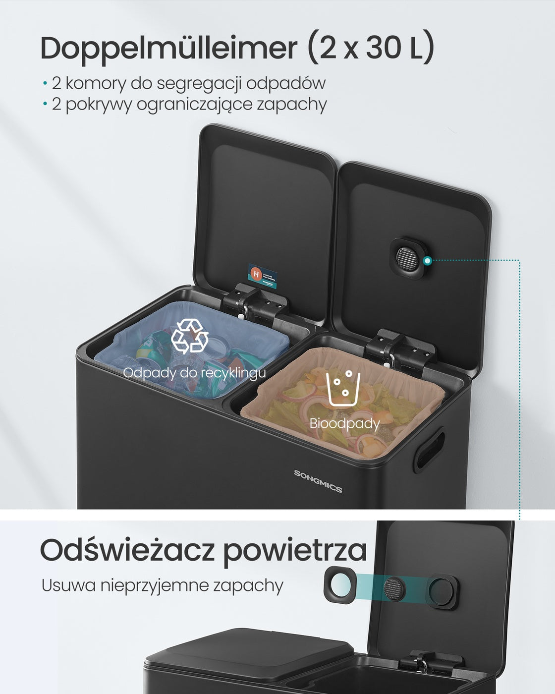 Podwójny kosz na śmieci 2×30 l czarny
