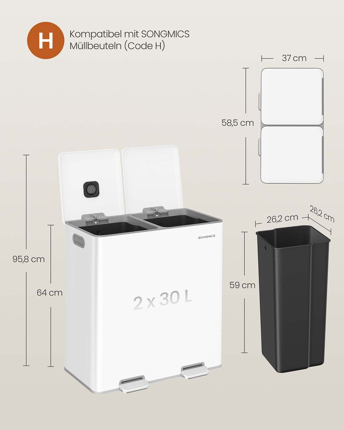 Podwójny kosz kuchenny 2×30 l biały