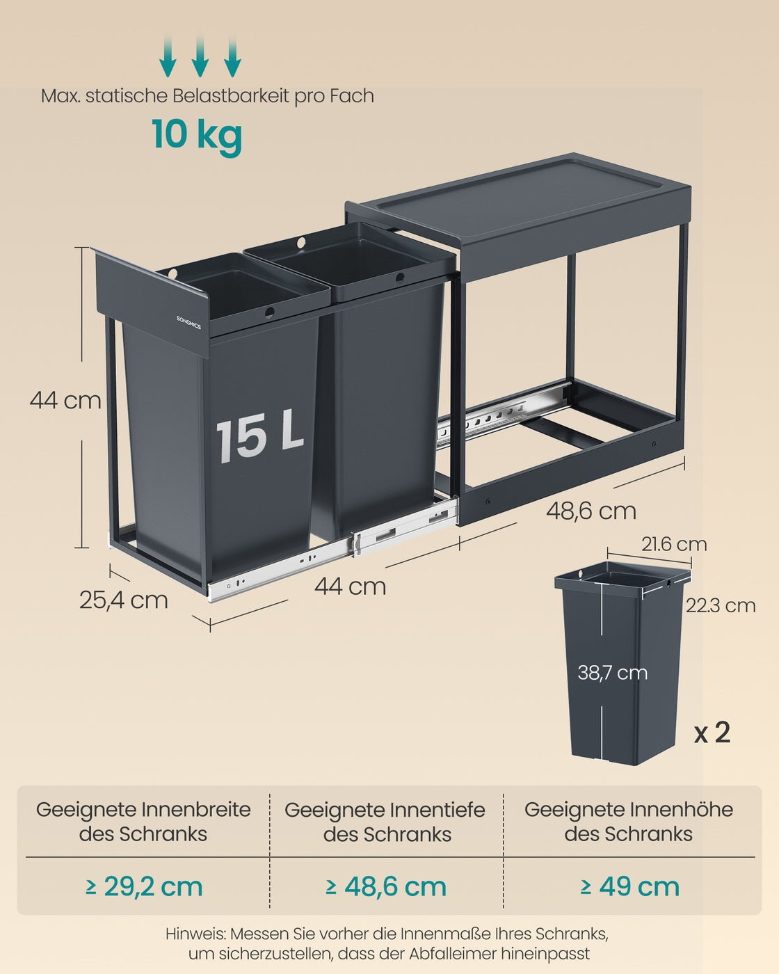Podblatowy kosz na śmieci 2×15 l szary