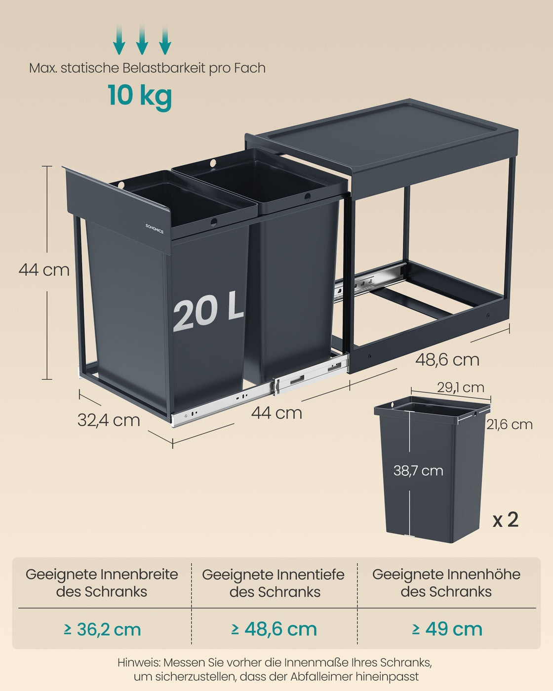 Podblatowy kosz na śmieci 2 x 20 l szary
