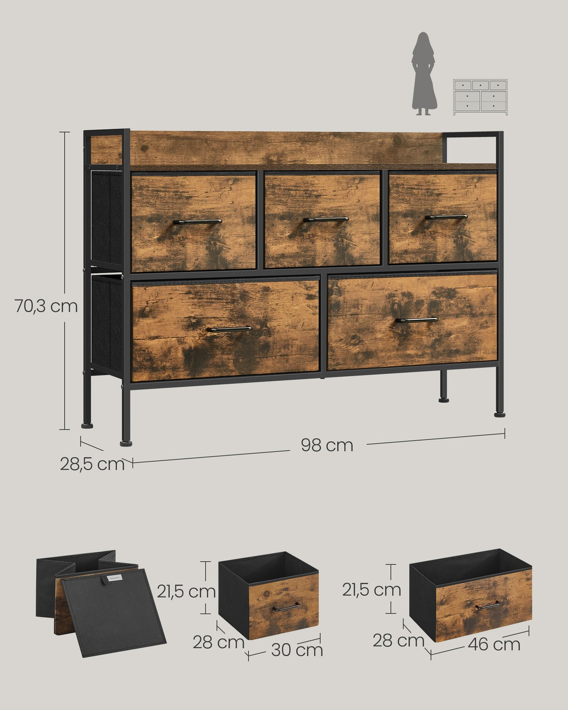 Komoda 5 szuflad vintage brązowo-czarna