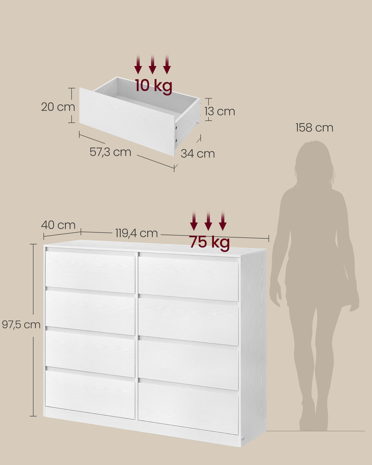Komoda 8 szuflad biała 40x119,4x97,5 cm
