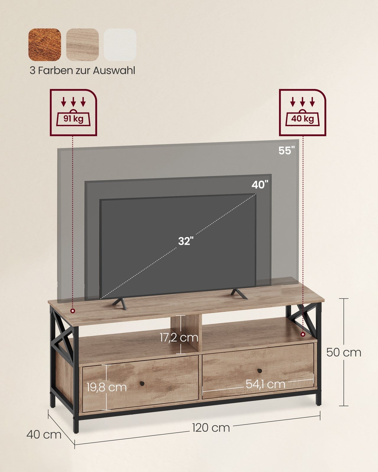 Szafka RTV 120 cm z 2 szufladami i 2 półkami otwartymi