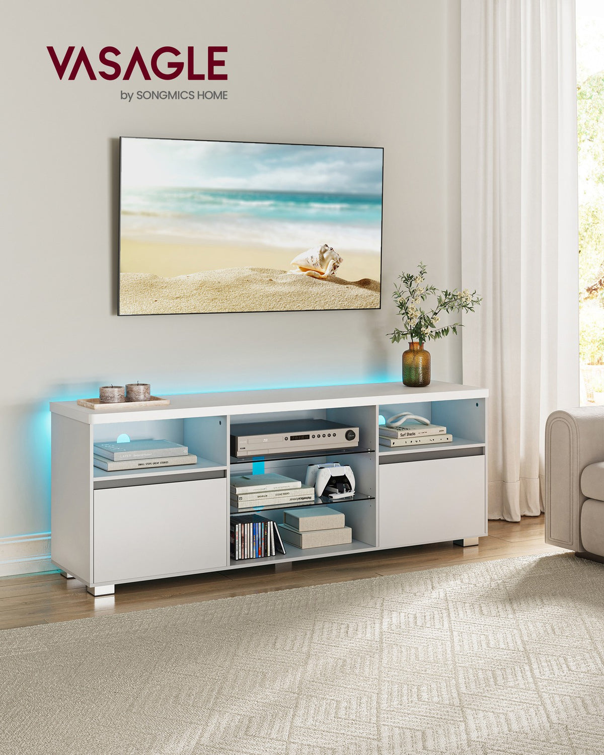 Szafka RTV biała z oświetleniem LED i półkami 160 cm