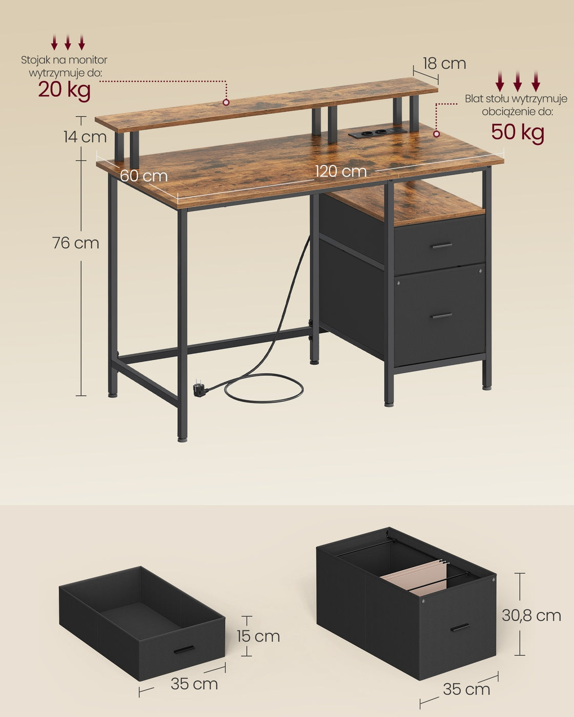 Biurko komputerowe 120x55 cm z materiałowymi szufladami