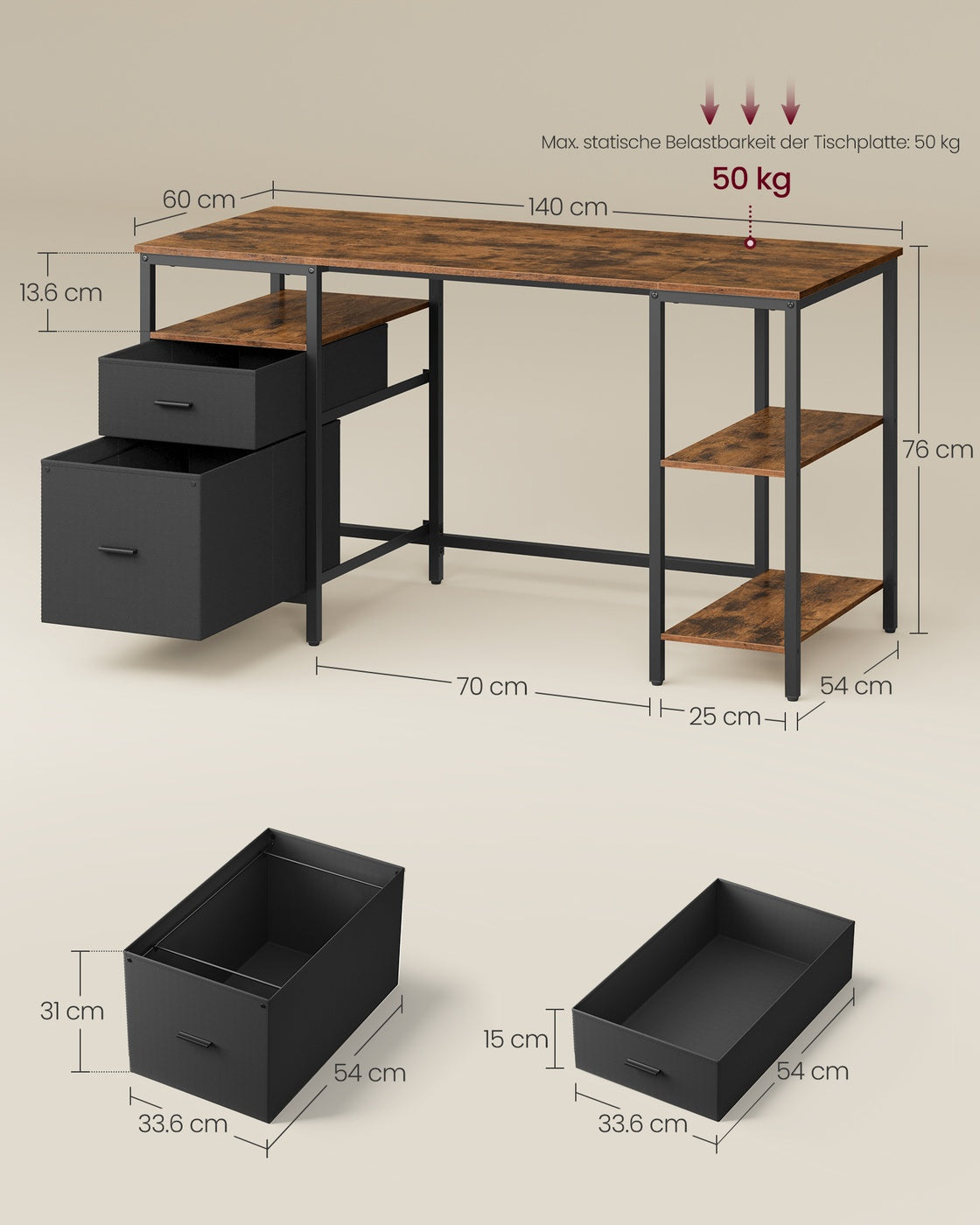 Biurko komputerowe 140×60 cm z 3 półkami i 2 szufladami