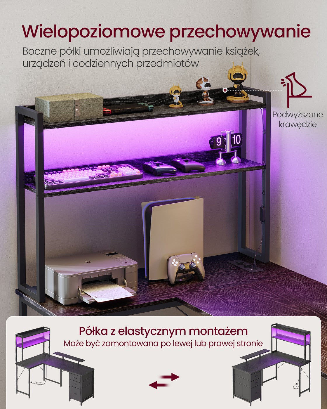 Narożne biurko komputerowe z LED i 3 szufladami
