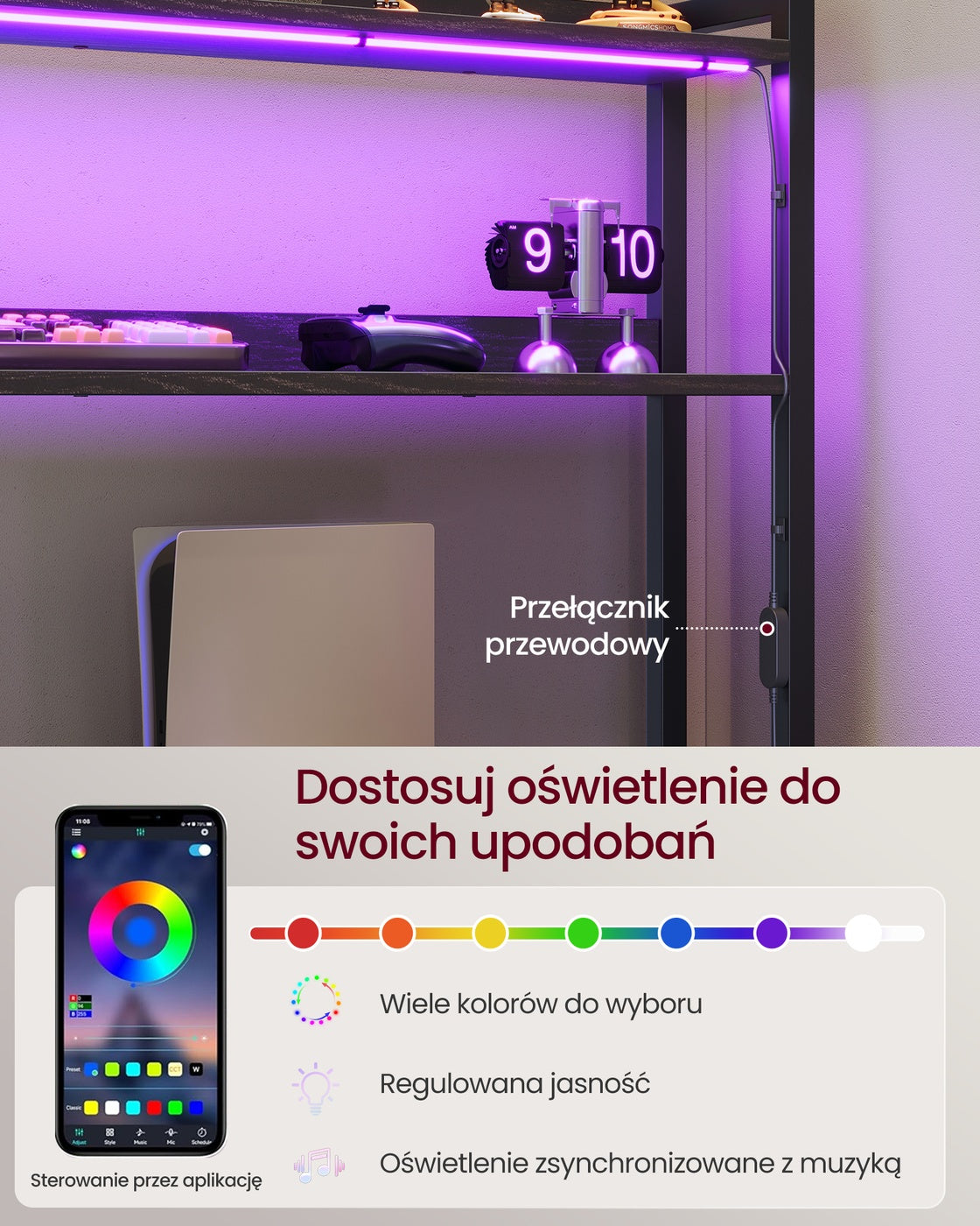 Narożne biurko komputerowe z LED i 3 szufladami