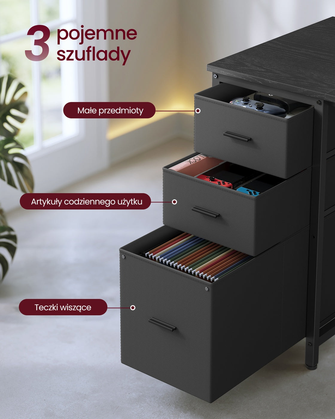 Narożne biurko komputerowe z LED i 3 szufladami