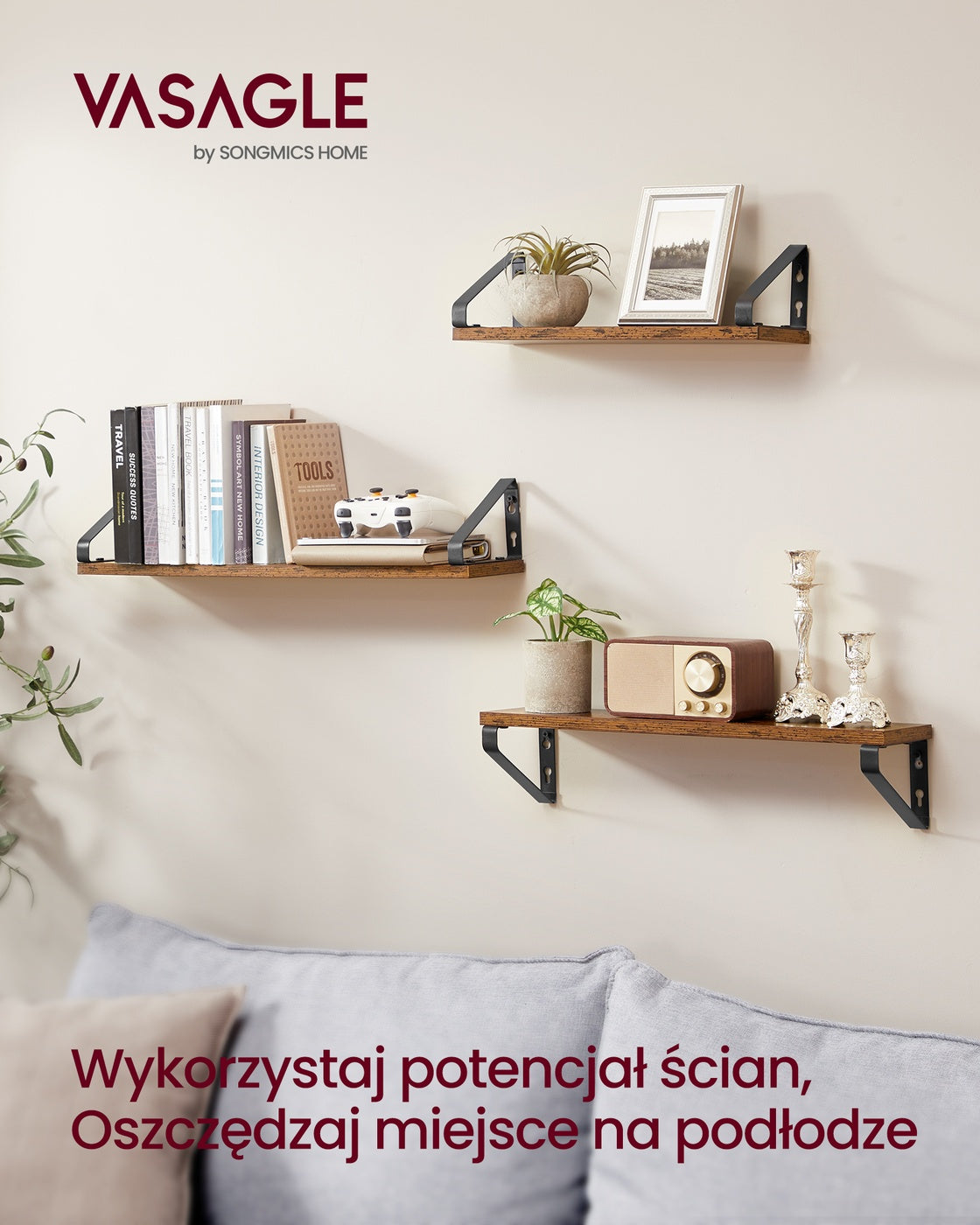 Zestaw 3 półek ściennych dąb vintage i czarny mat