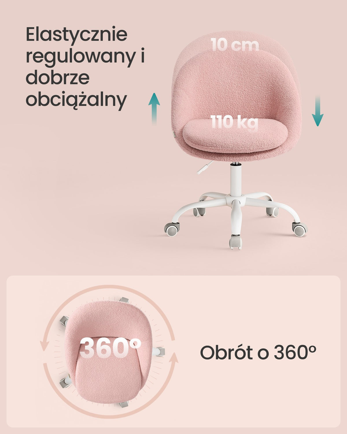 Pluszowy fotel obrotowy różowy z regulacją wysokości
