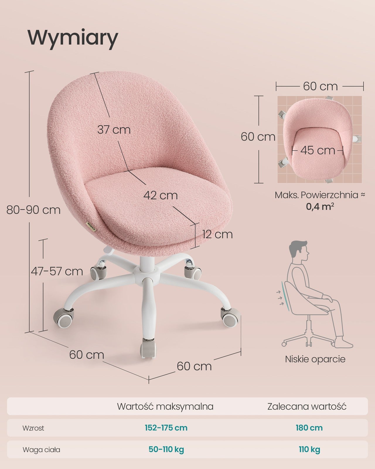 Pluszowy fotel obrotowy różowy z regulacją wysokości