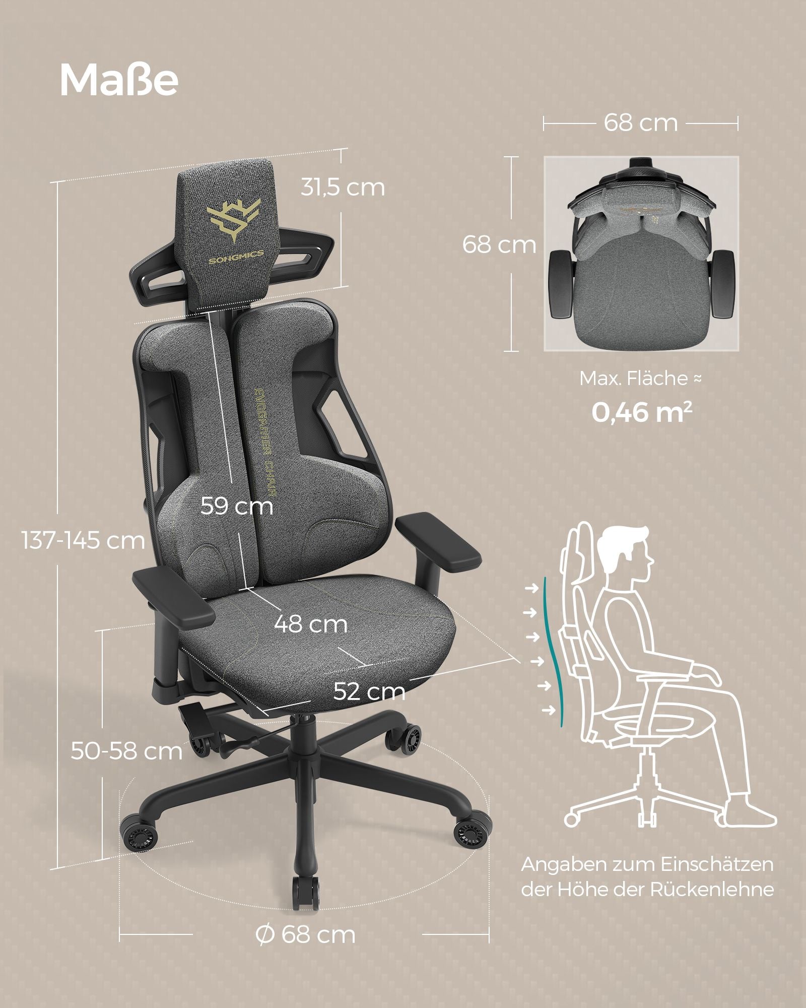 Fotel biurowy, szary, 126,5 cm