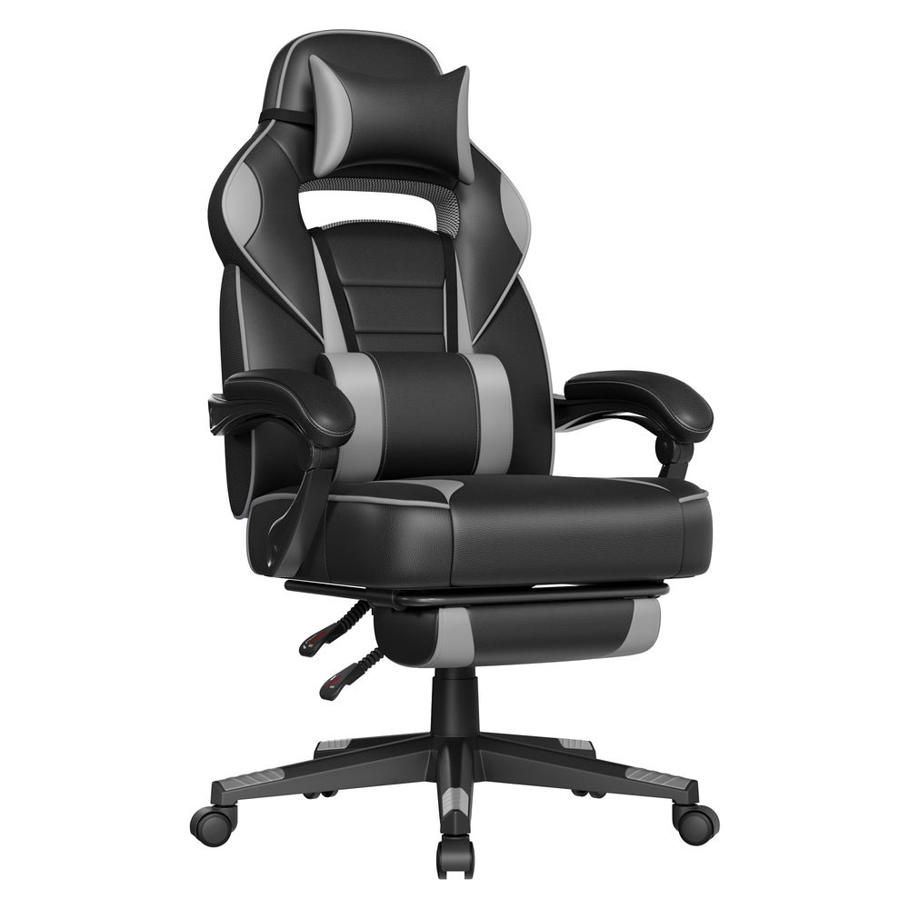 Ergonomiczny fotel gamingowy czarno-szary z podnóżkiem