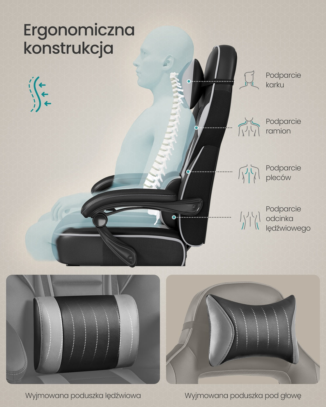 Ergonomiczny fotel gamingowy czarno-szary z podnóżkiem