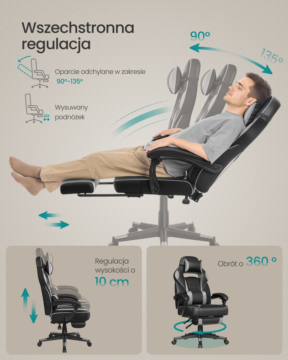 Ergonomiczny fotel gamingowy czarno-szary z podnóżkiem