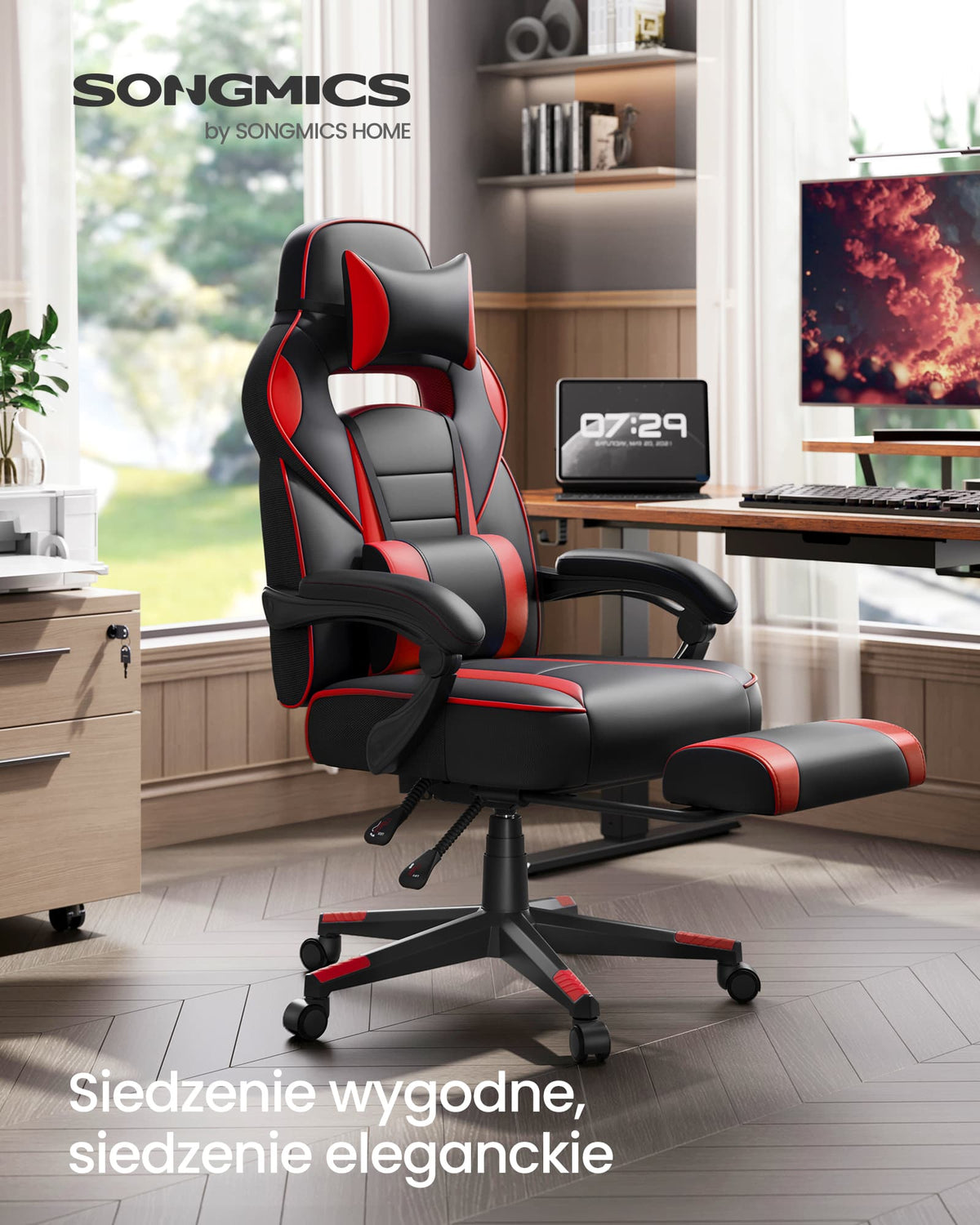 Ergonomiczny fotel gamingowy z podnóżkiem czarno-czerwony