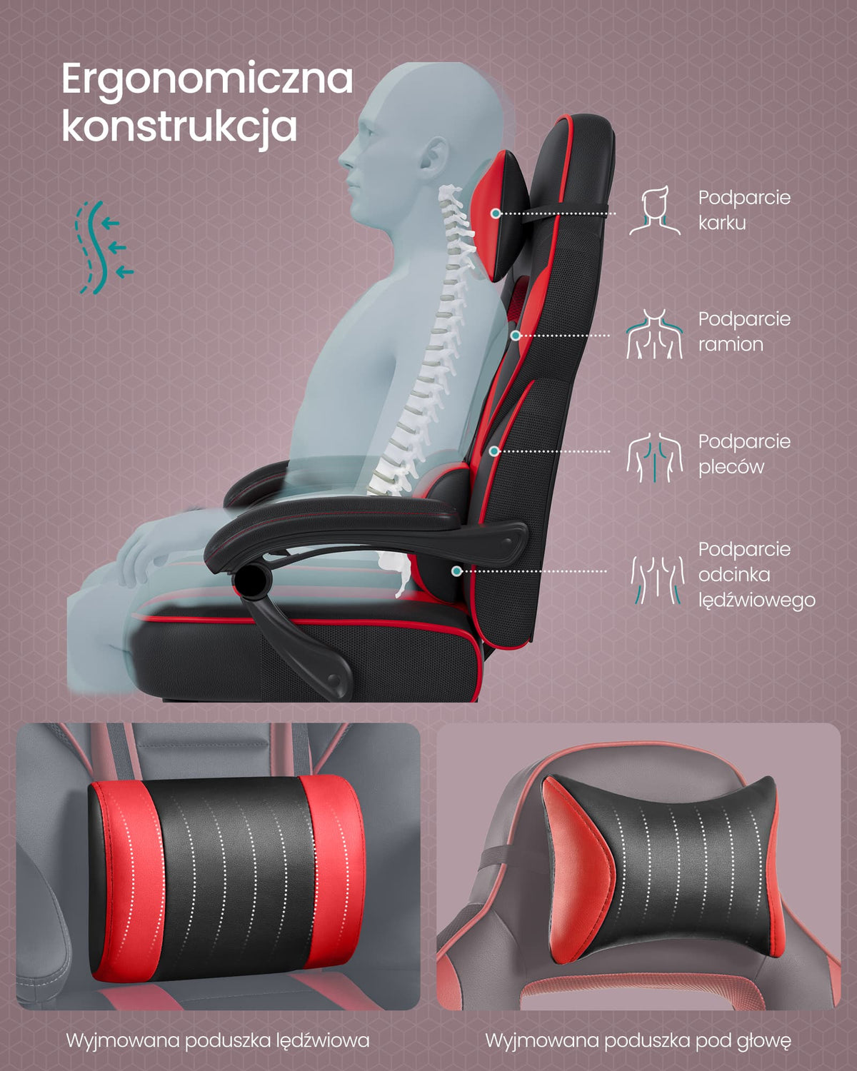 Ergonomiczny fotel gamingowy z podnóżkiem czarno-czerwony