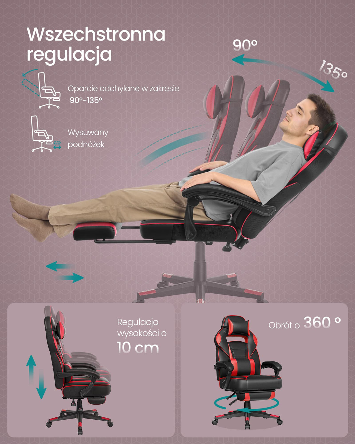 Ergonomiczny fotel gamingowy z podnóżkiem czarno-czerwony