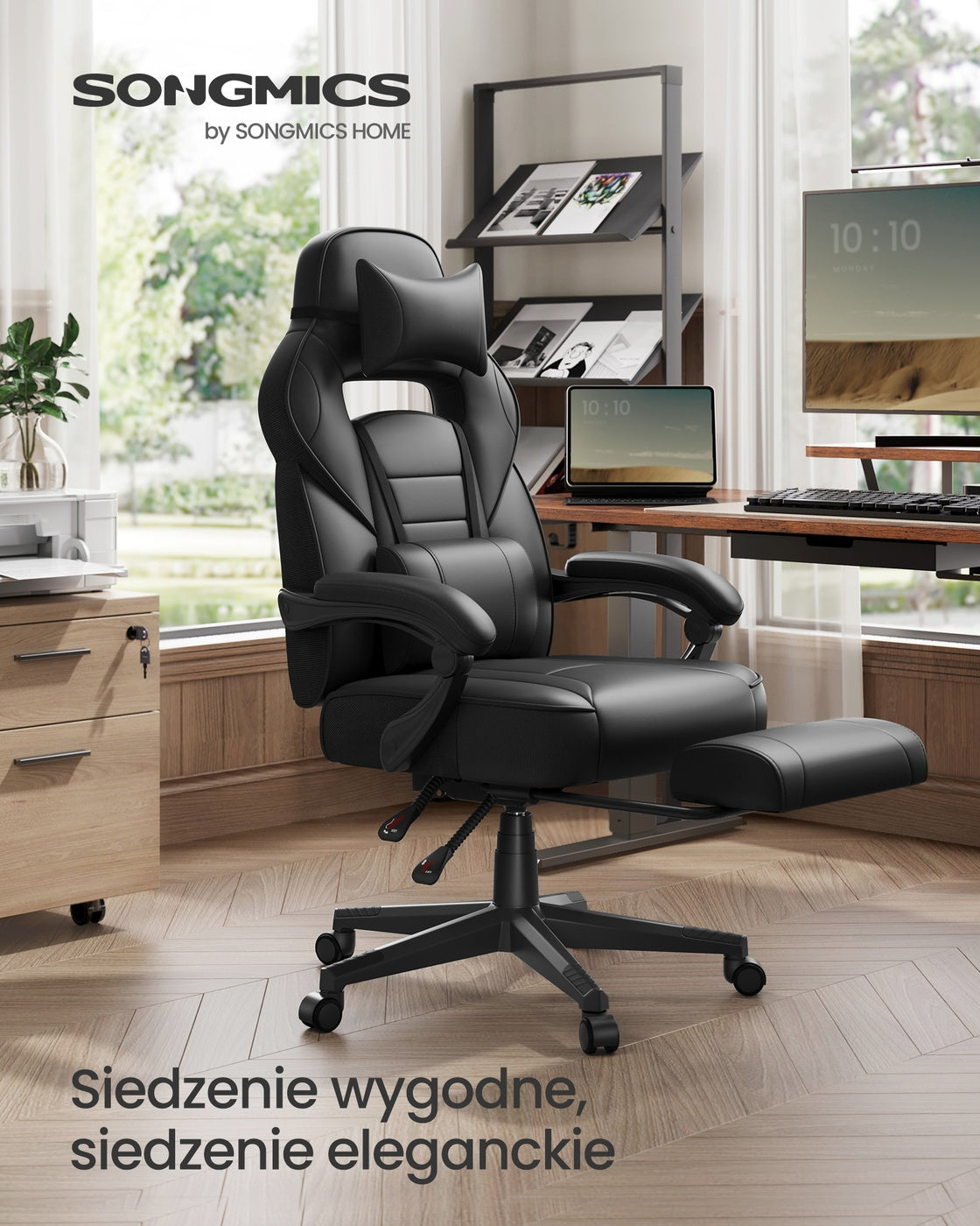Ergonomiczne krzesło biurowe z podnóżkiem i zagłówkiem