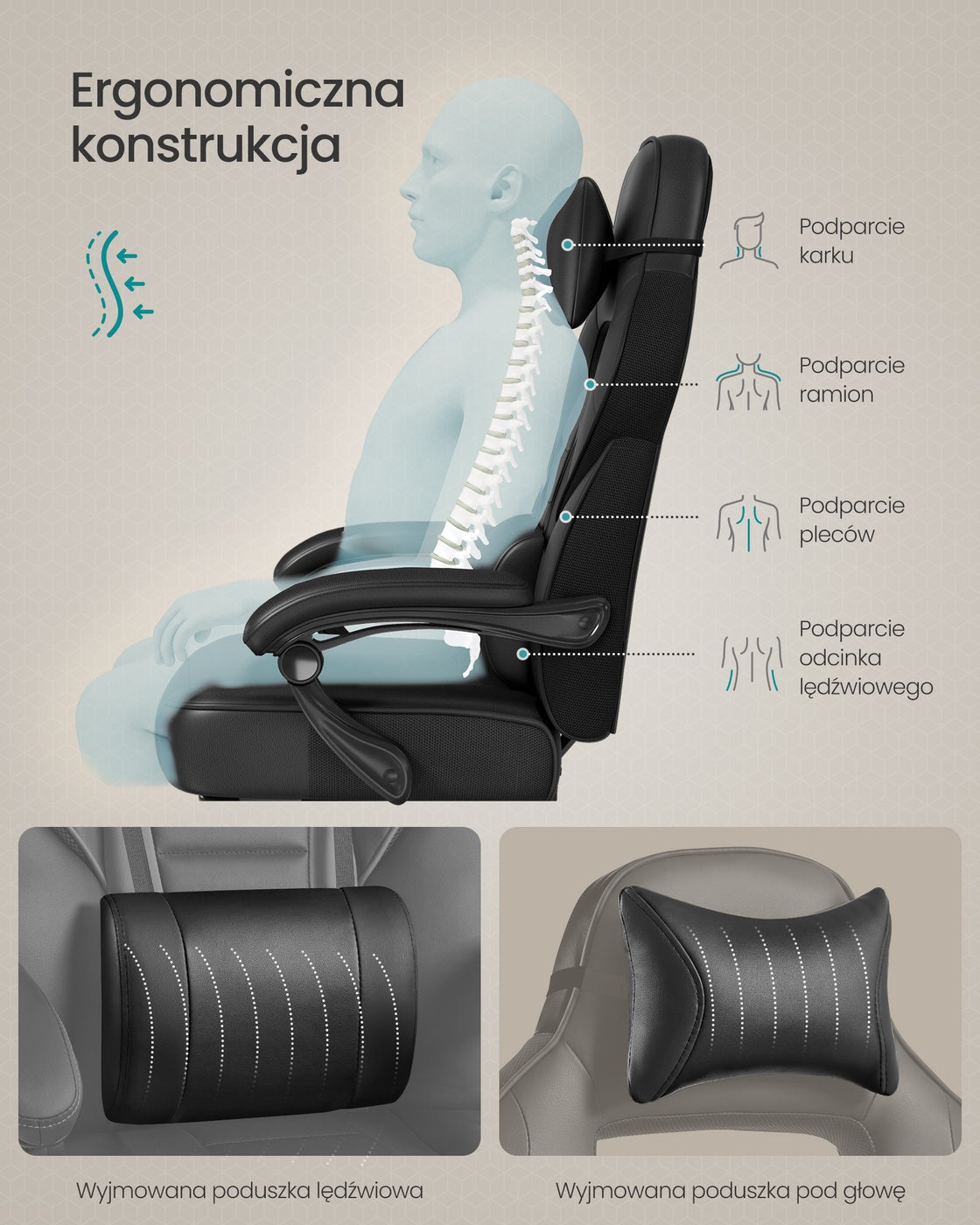 Ergonomiczne krzesło biurowe z podnóżkiem i zagłówkiem