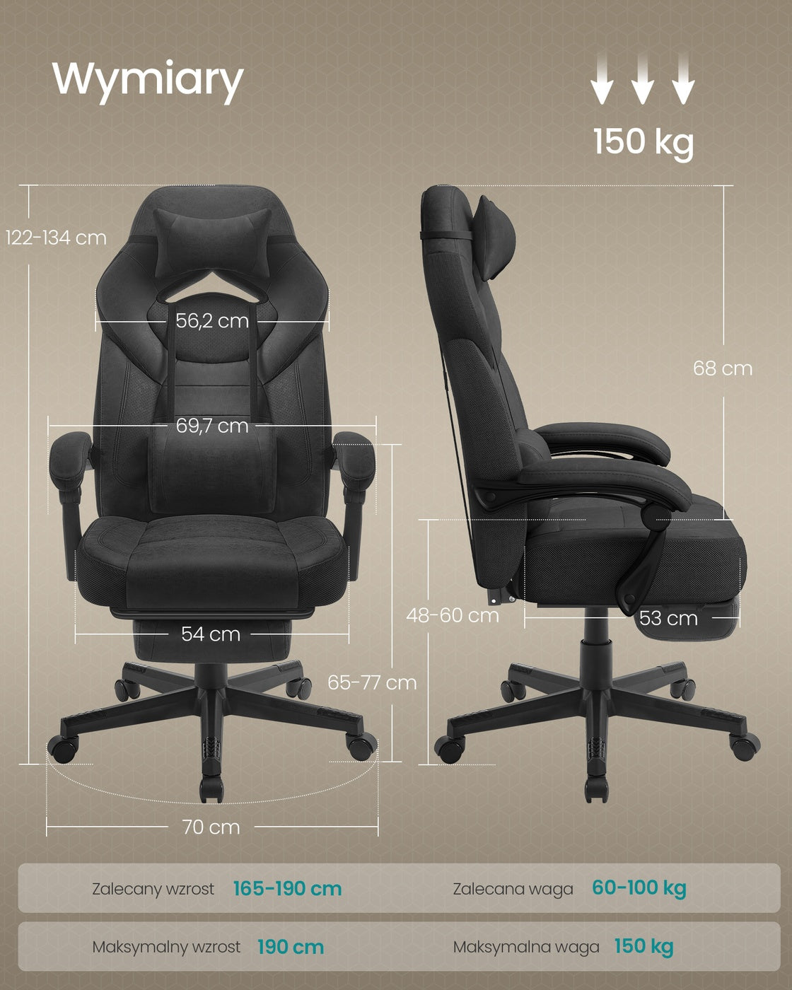Fotel gamingowy z podnóżkiem czarny do 150 kg