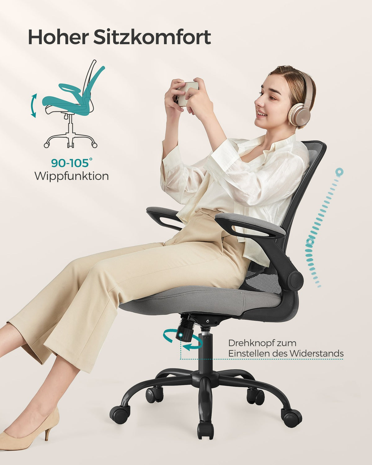Ergonomiczne krzesło biurowe z funkcją bujaka szare