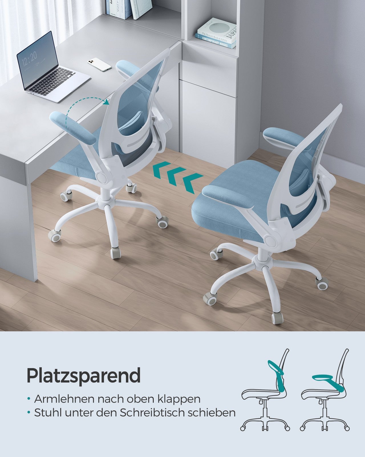 Ergonomiczne krzesło biurowe z siatkowym oparciem i składanymi podłokietnikami