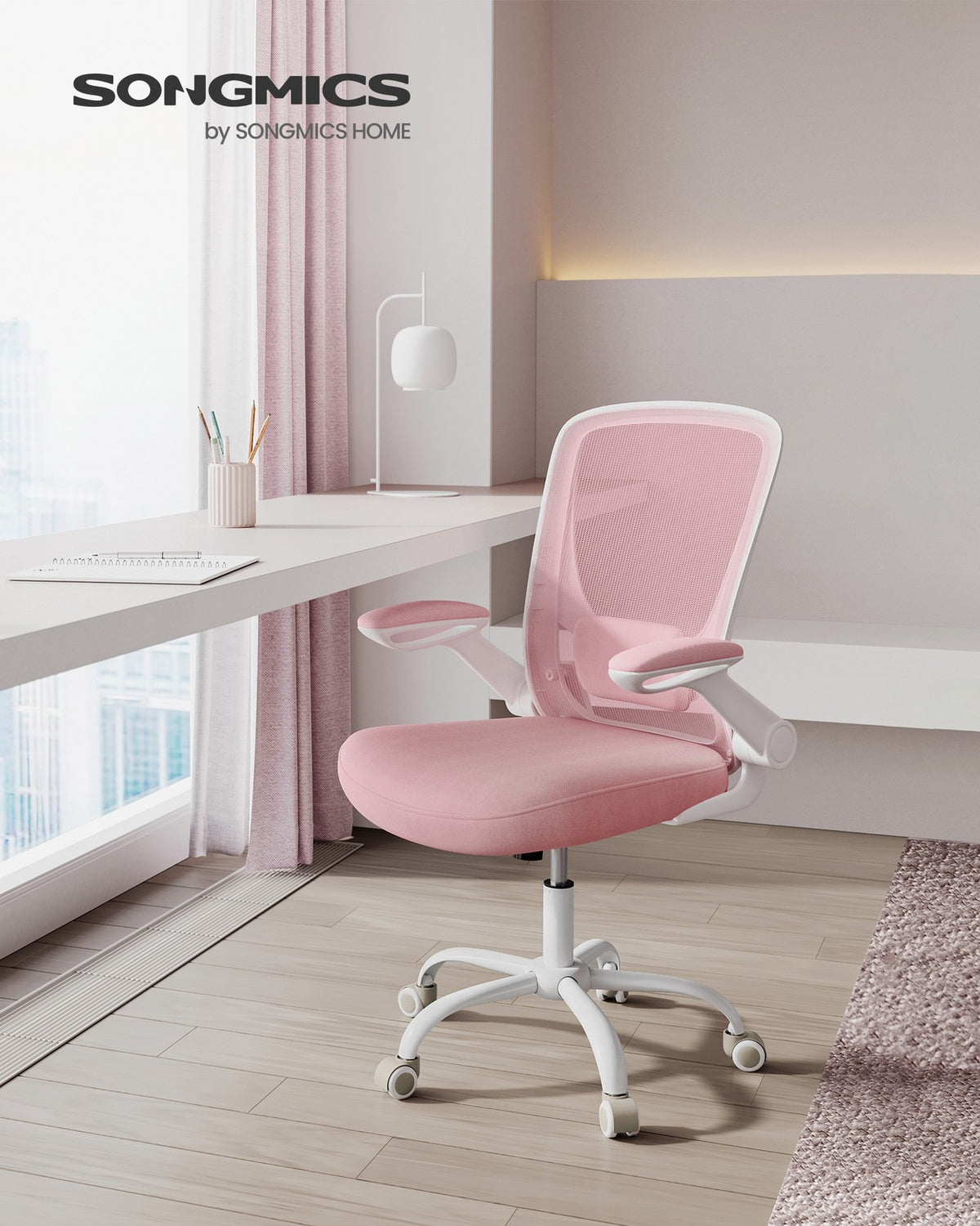 Ergonomiczne krzesło biurowe różowe z podłokietnikami