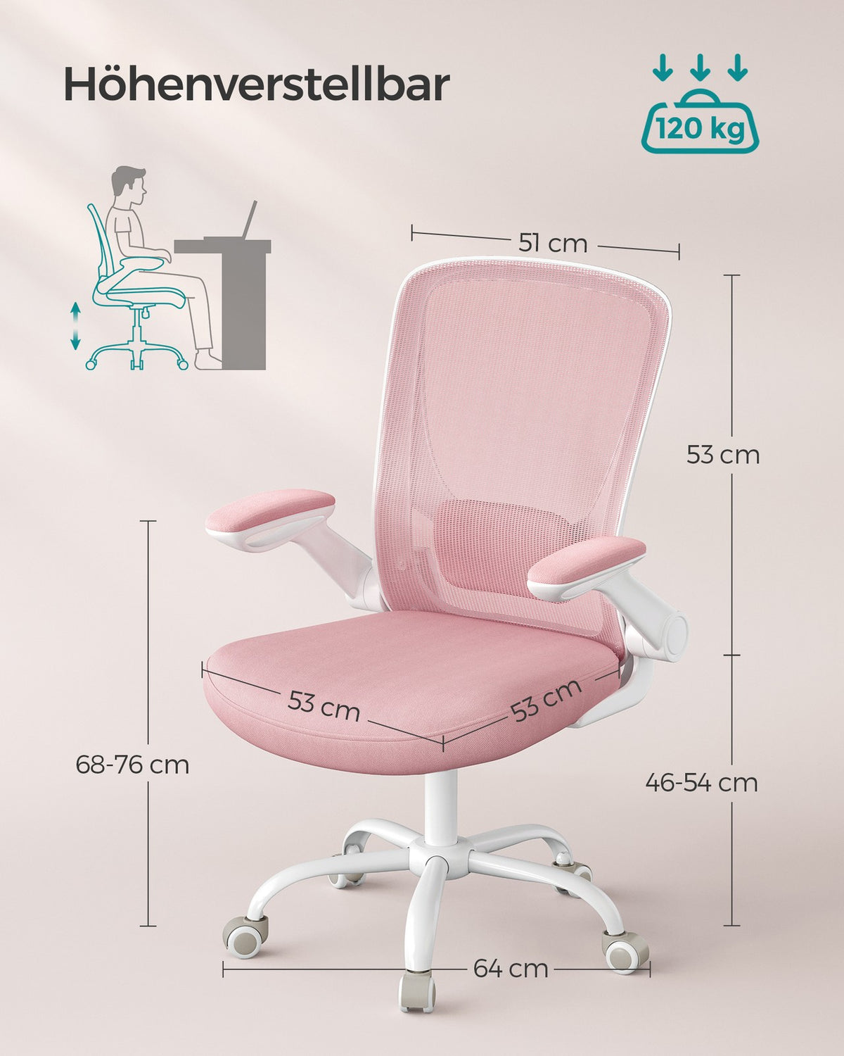 Ergonomiczne krzesło biurowe różowe z podłokietnikami
