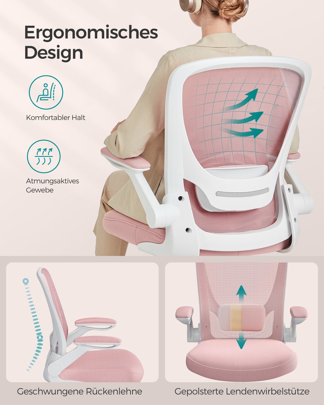 Ergonomiczne krzesło biurowe różowe z podłokietnikami