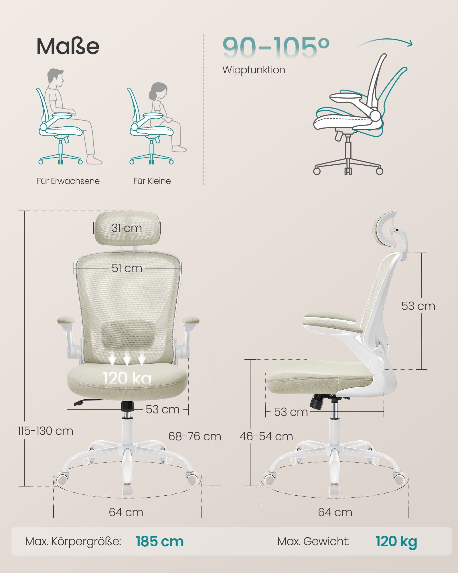 Fotel biurowy, cappuccino beige, 62 cm