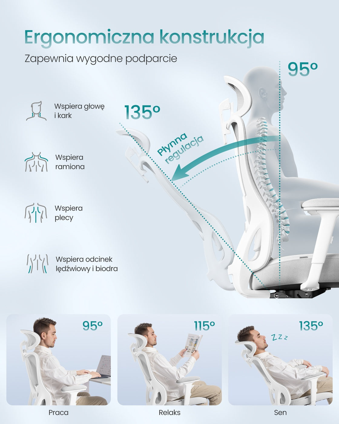 Ergonomiczny fotel biurowy regulowany do 150 kg szary