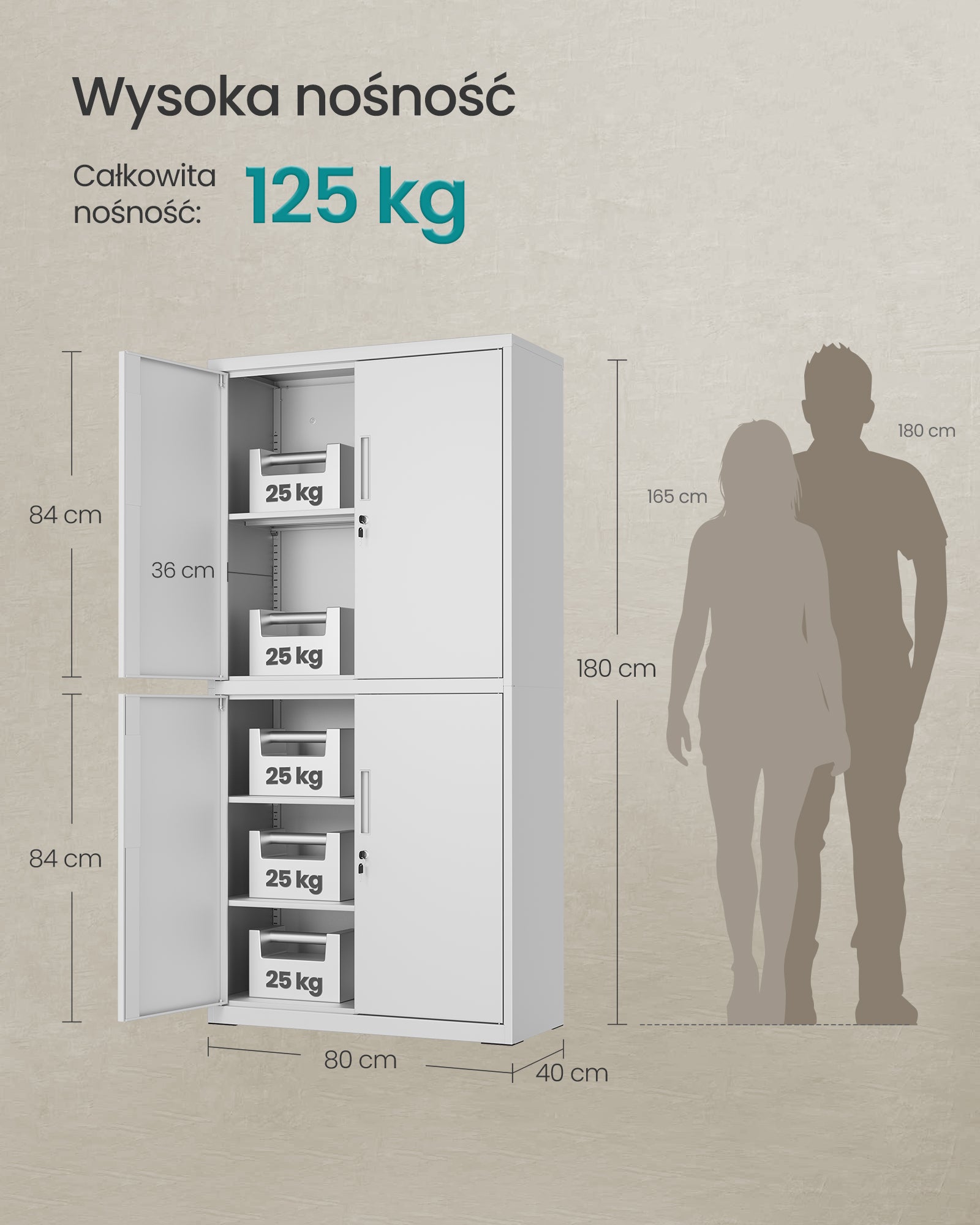 Szafka stalowa 4-drzwiowa z 5 półkami 40x80x180 cm szara