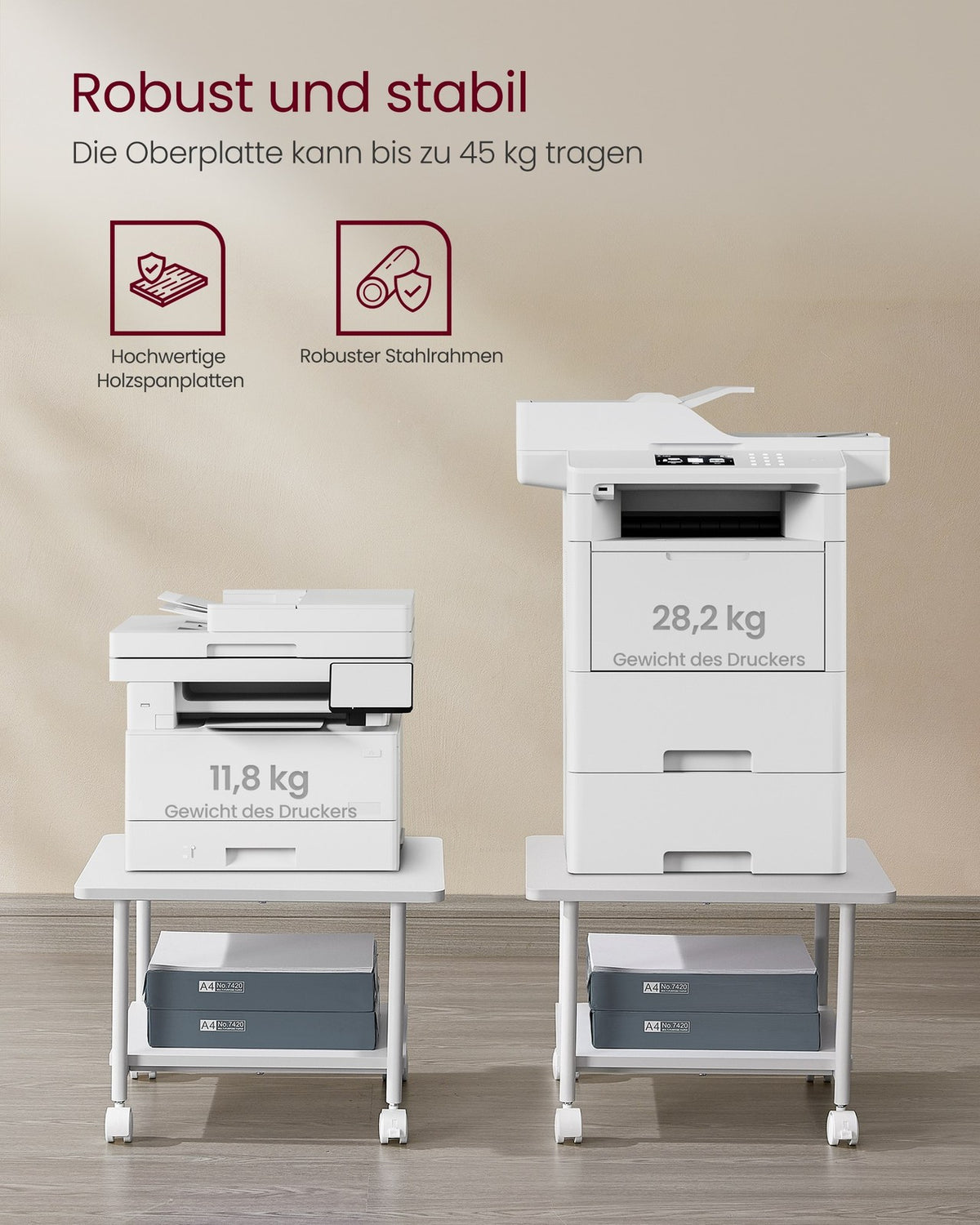 Biały stolik pod drukarkę na kółkach, 2 półki