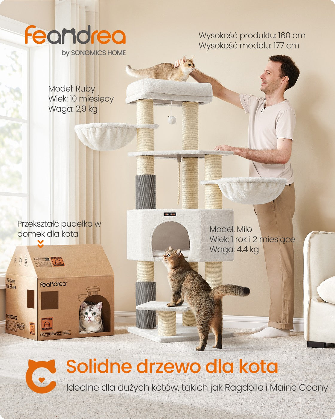 Drapak dla kota 50x50x160 cm kremowo-beżowy