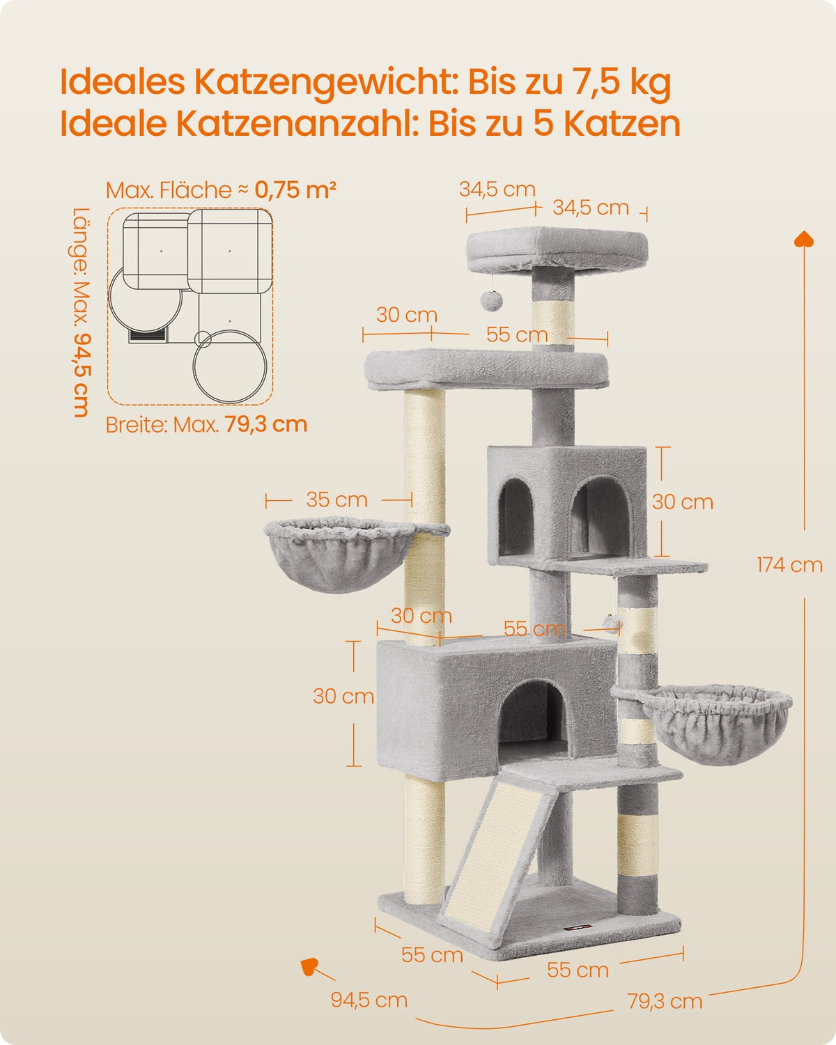 Duży drapak dla kota 174 cm z dwiema budkami