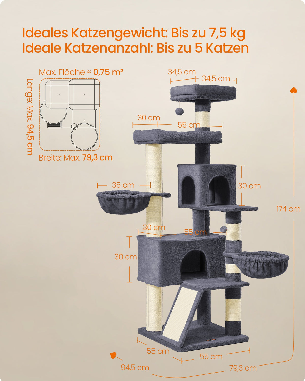 Duży drapak dla kota 174 cm z 2 budkami, ciemnoszary