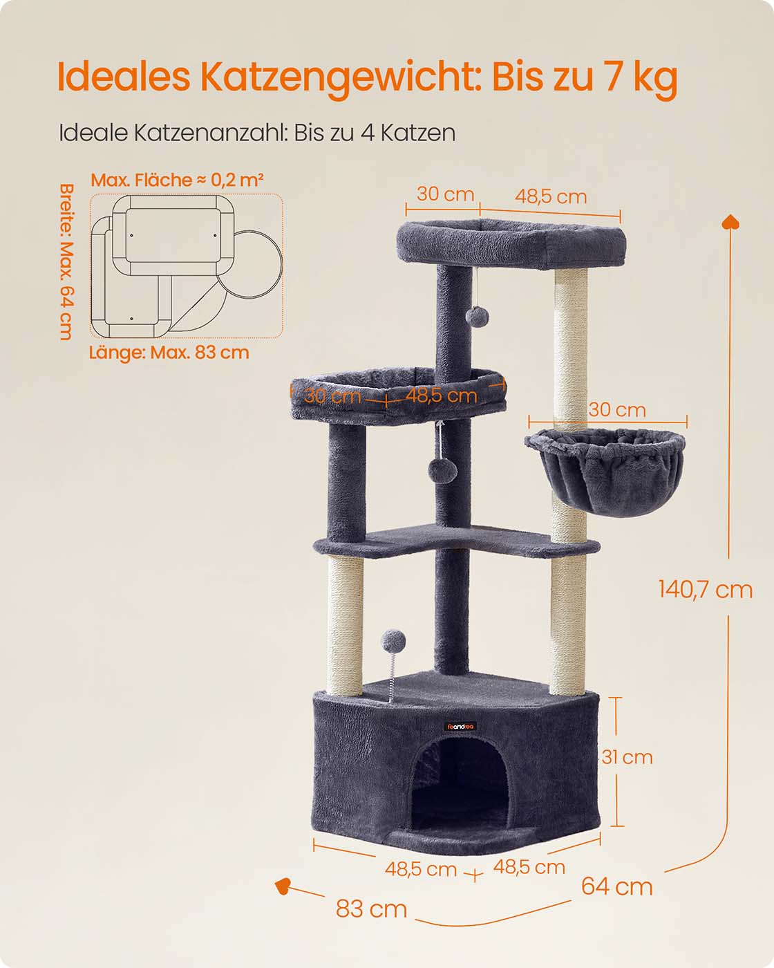 Drzewko dla kota 48,5x48,5x140,7 cm ciemnoszare