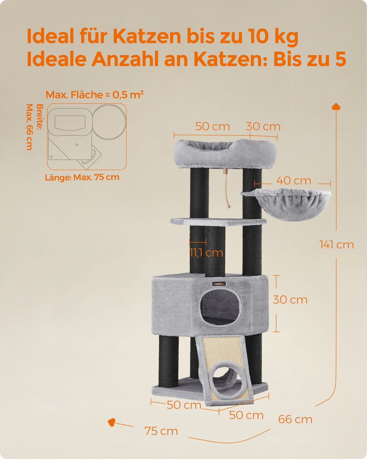 Duży drapak dla kota 141 cm z szarym pluszem