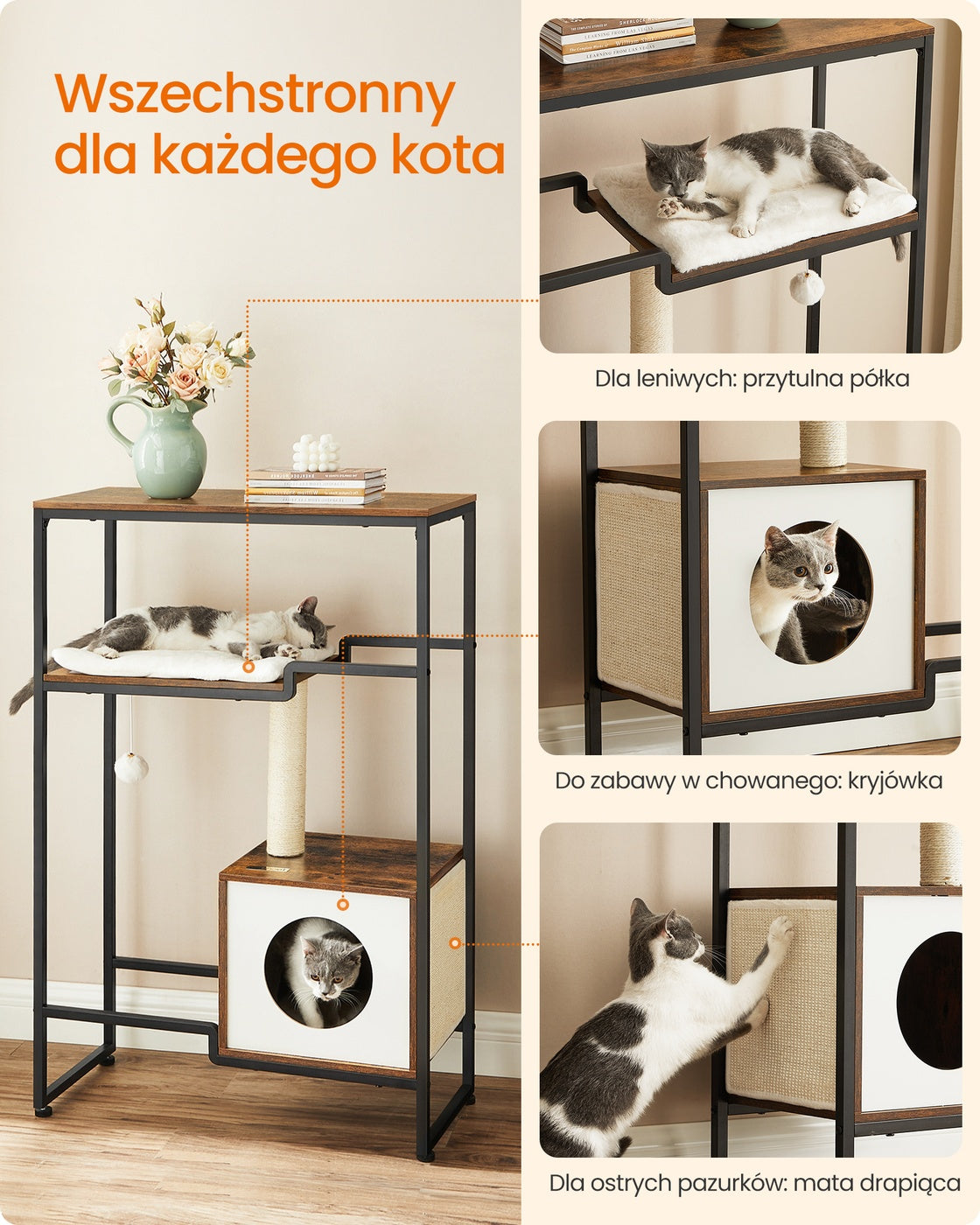 Drapak dla kota z półką i jaskinią vintage brązowy