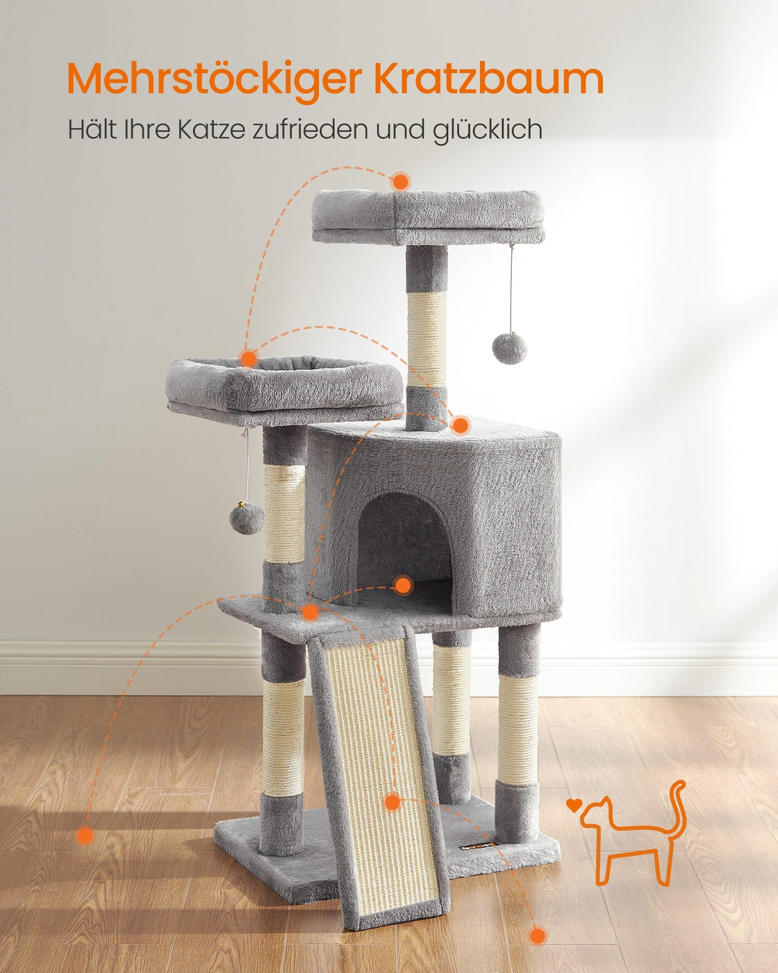 Drapak dla kota jasnoszary 115 cm z jaskinią i platformami