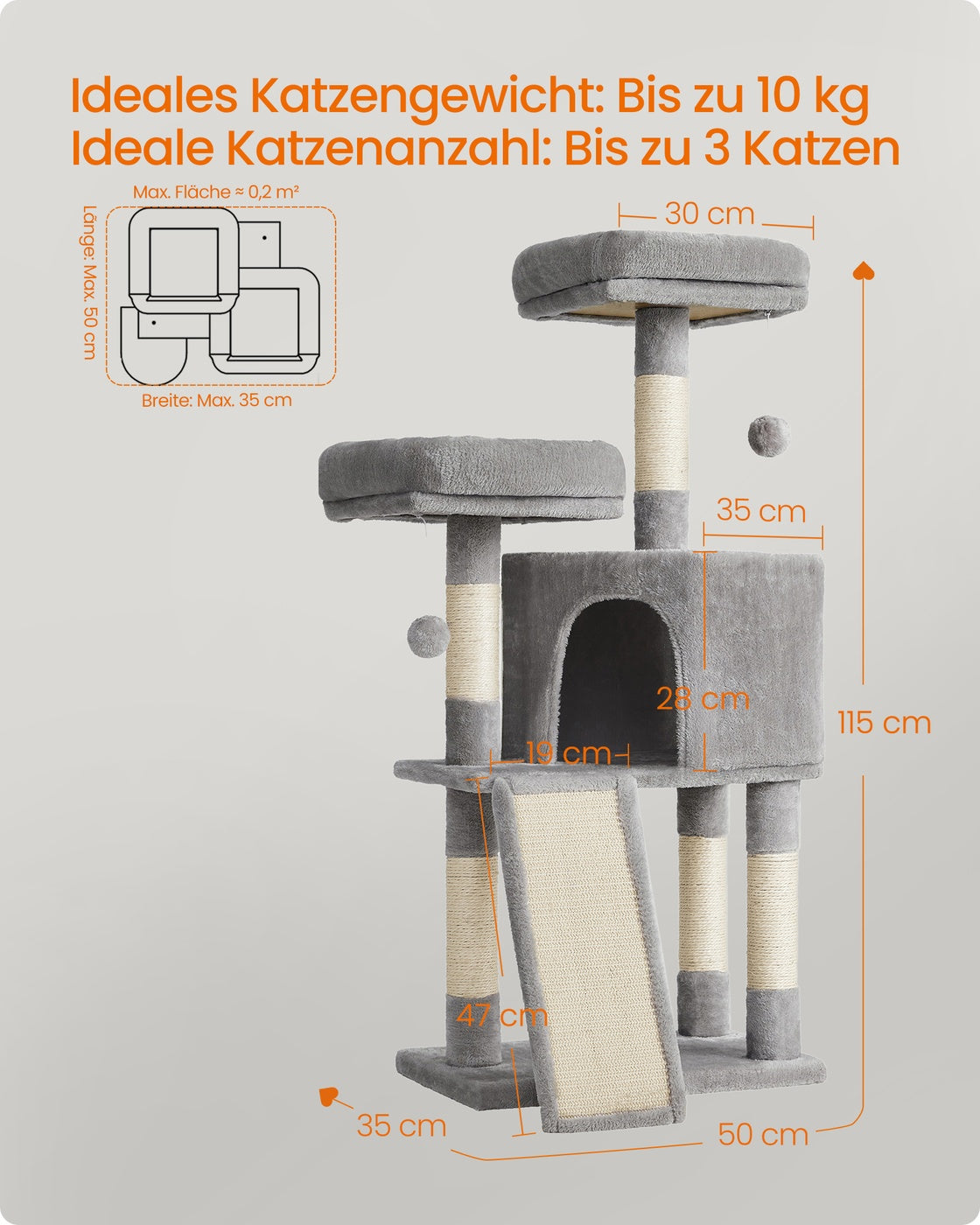 Drapak dla kota jasnoszary 115 cm z jaskinią i platformami